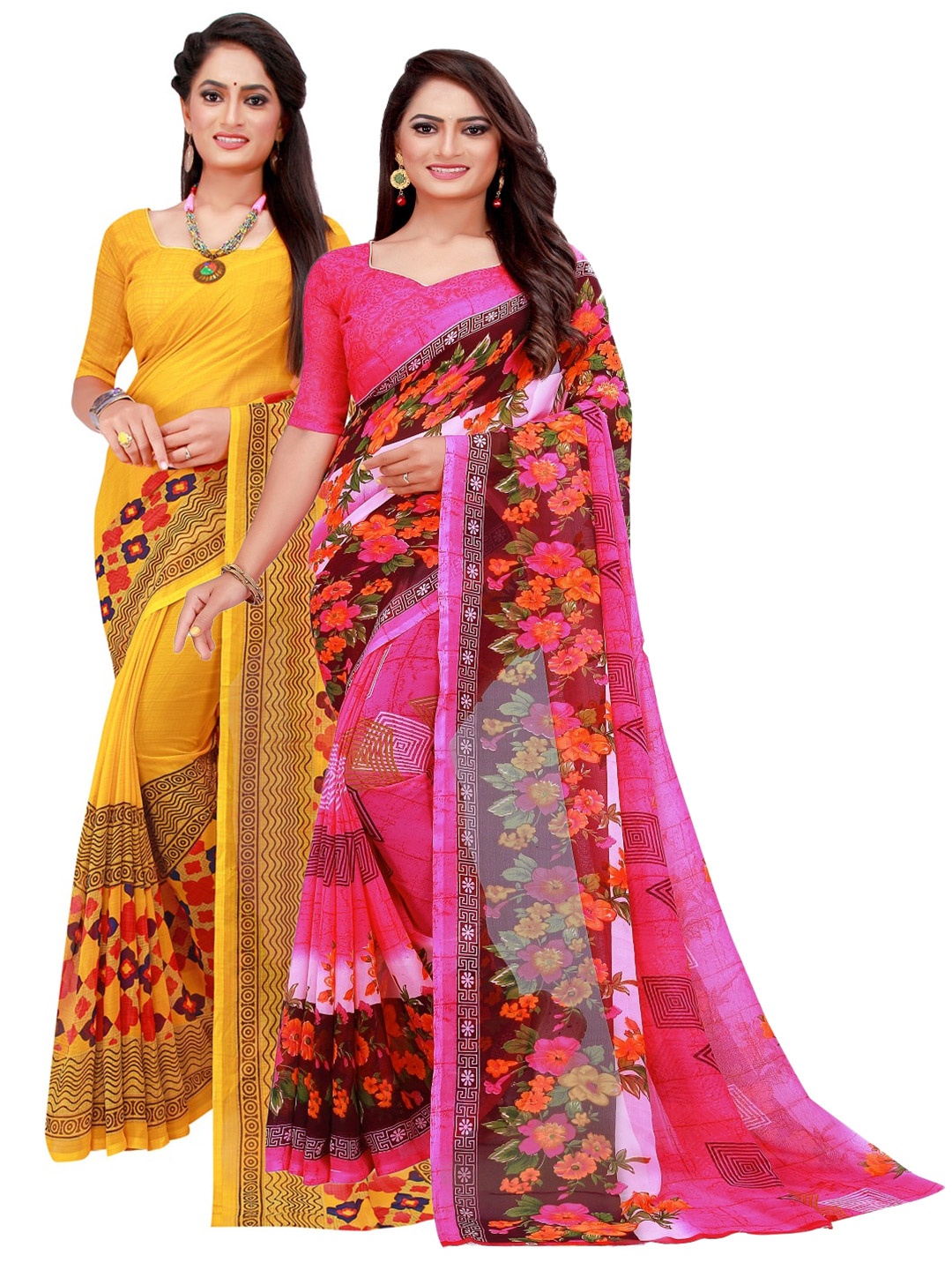 

KALINI Pack Of 2 Pink & Yellow Floral Pure Georgette Saree