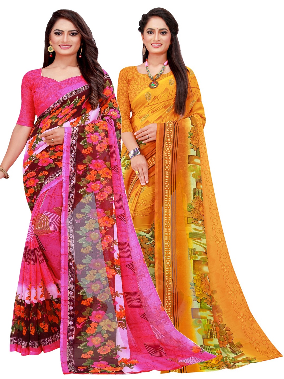 

KALINI Pink & Orange Set of 2 Pure Georgette Saree