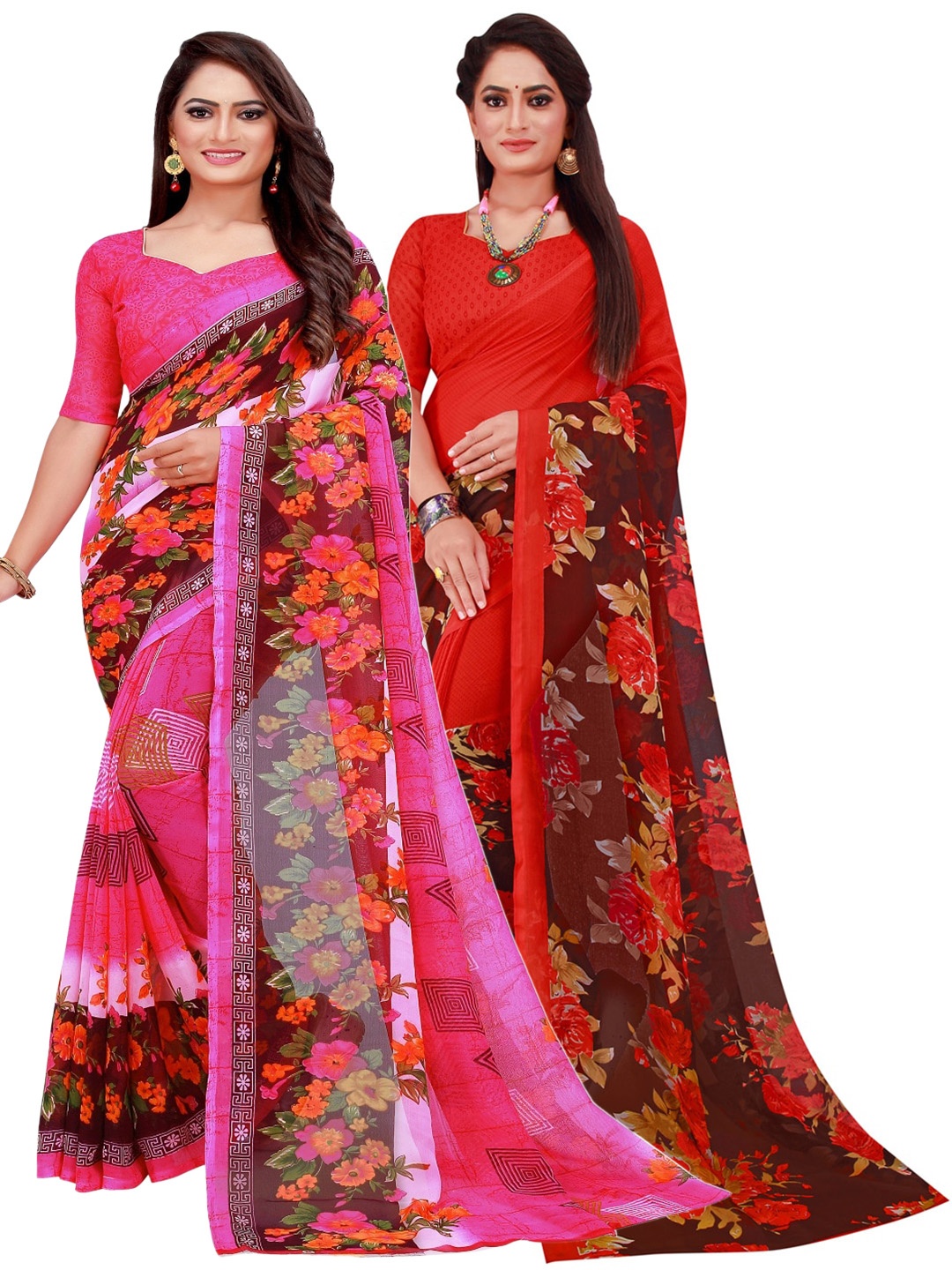 

KALINI Pack Of 2 Pink & Red Floral Pure Georgette Saree