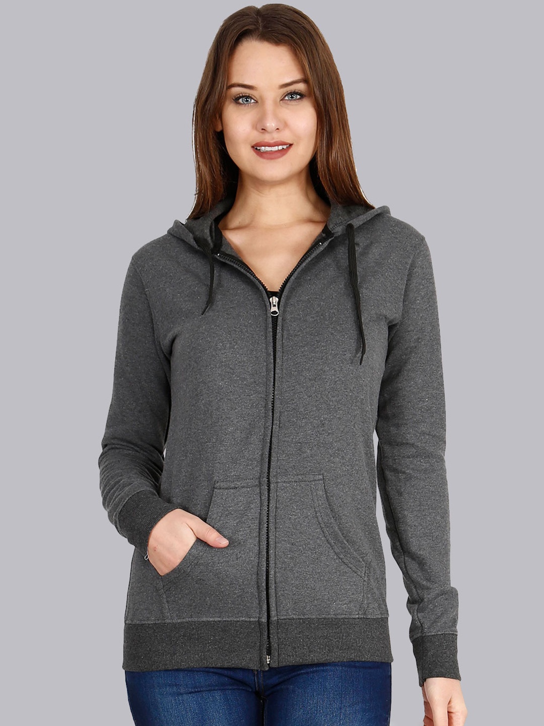 

Fleximaa Women Charcoal Hooded Sweatshirt