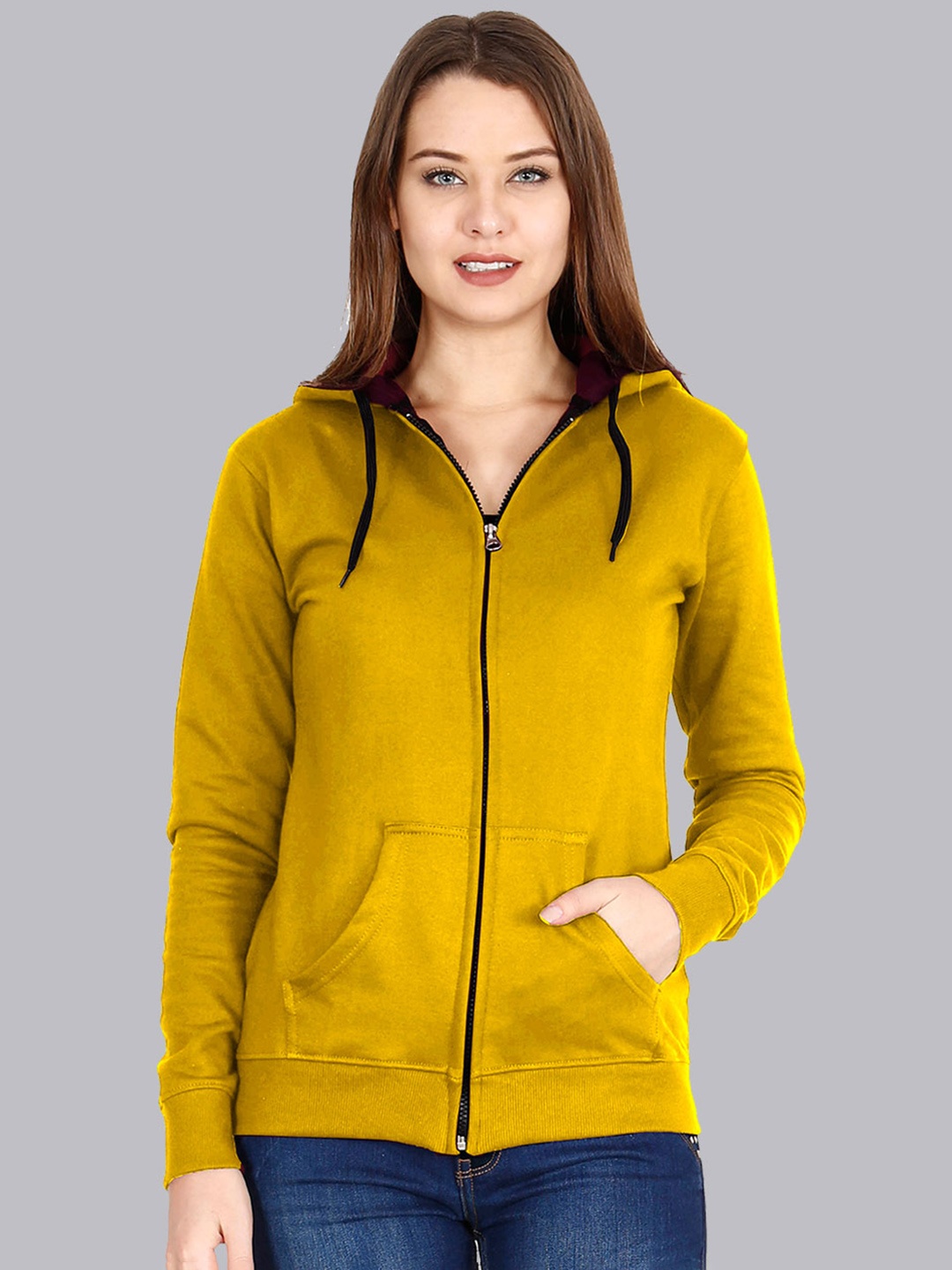 

Fleximaa Women Mustard Hooded Sweatshirt