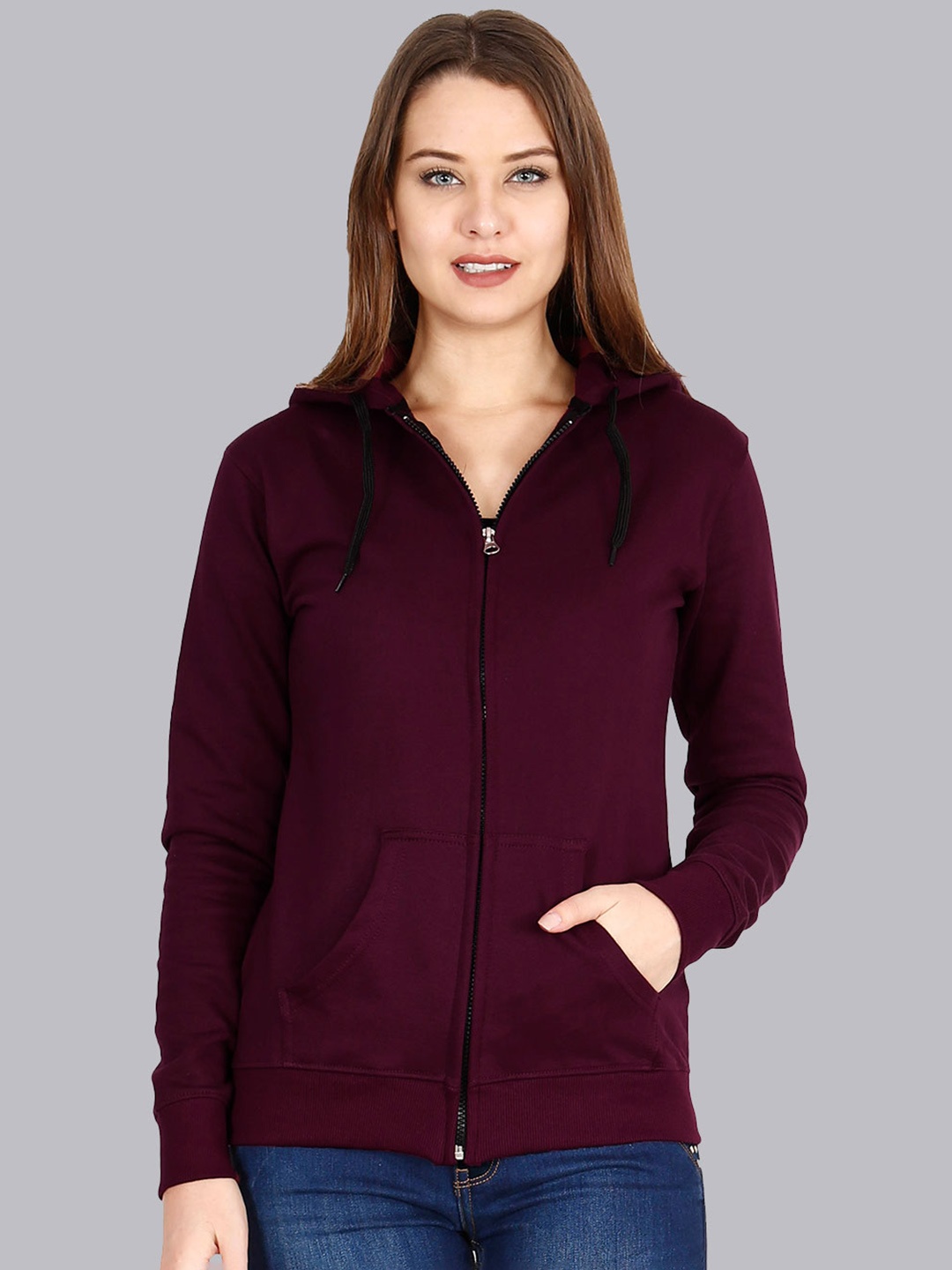 

Fleximaa Women Maroon Hooded Sweatshirt