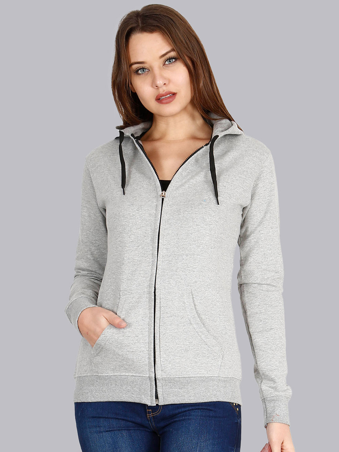 

Fleximaa Women Grey Hooded Cotton Sweatshirt