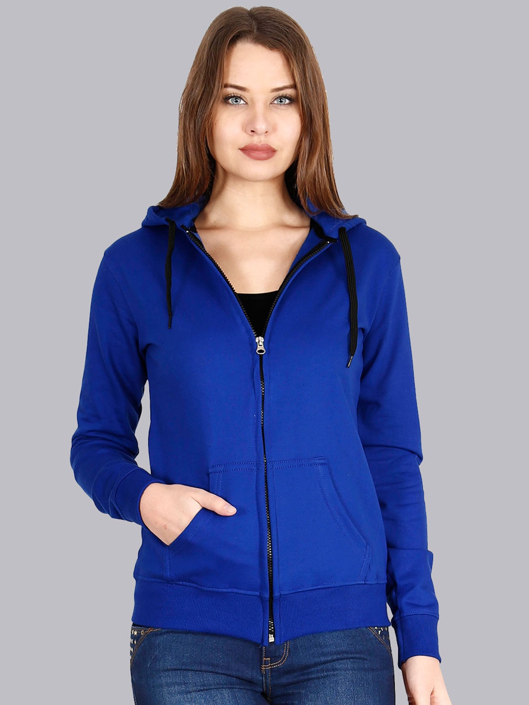 

Fleximaa Women Blue Solid Hooded Cotton Sweatshirt