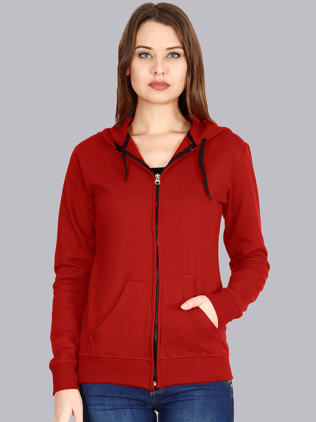

Fleximaa Women Red Solid Hooded Sweatshirt