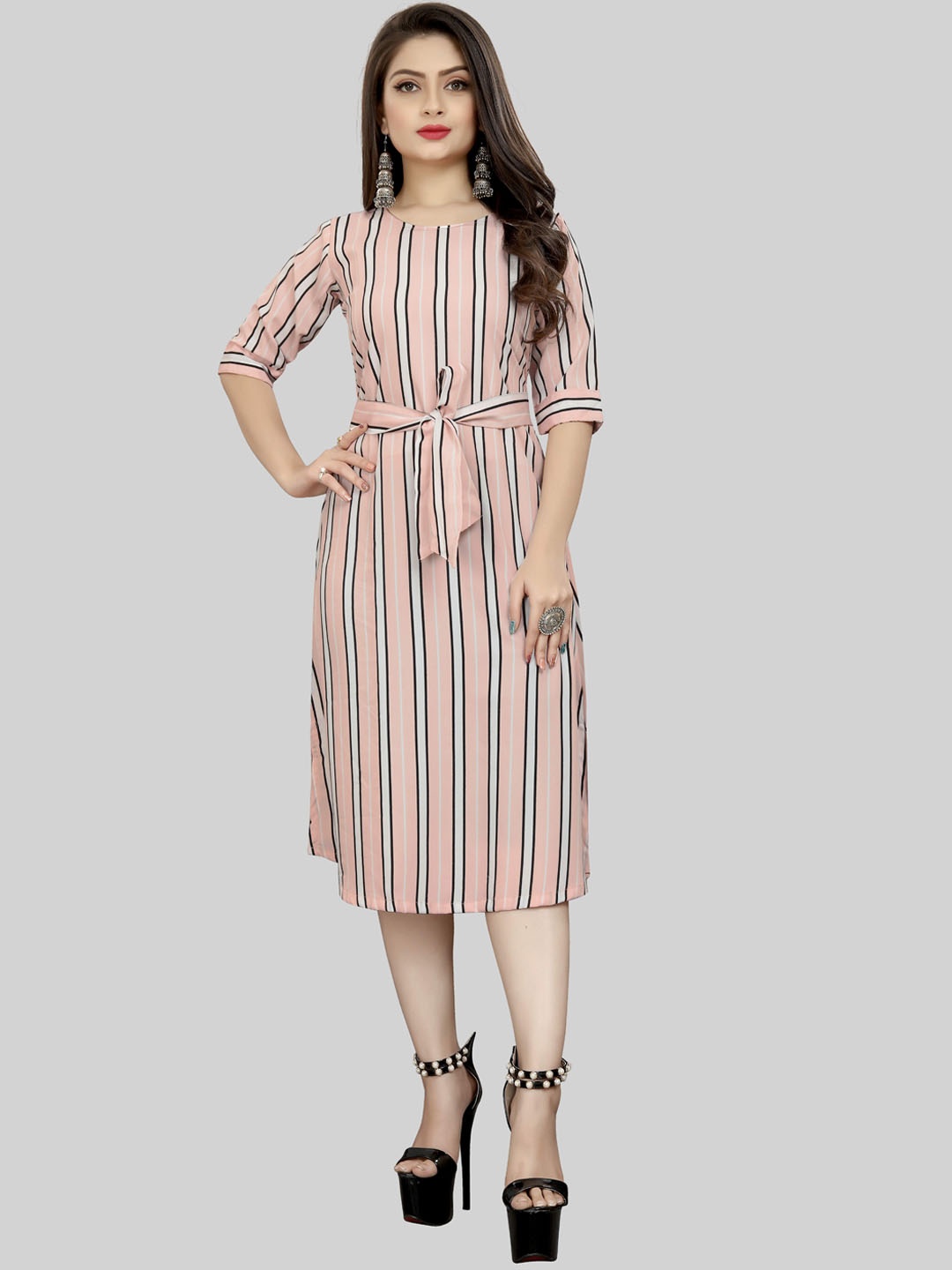 

MODLI 20 FASHION Pink & Black Striped Crepe A-Line Dress