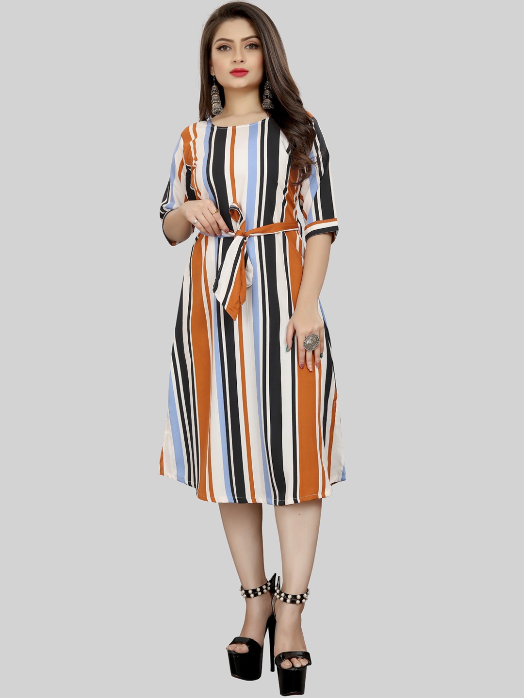 

MODLI 20 FASHION White & Multicoloured Striped Crepe A-Line Dress