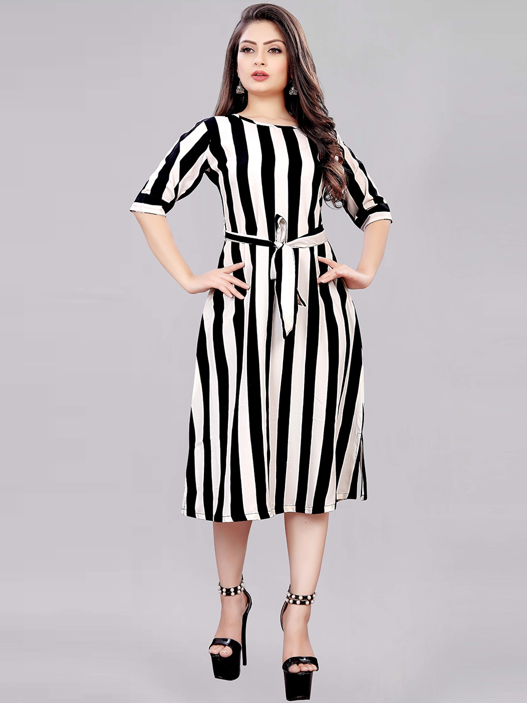 

MODLI 20 FASHION White Striped Crepe Midi Dress