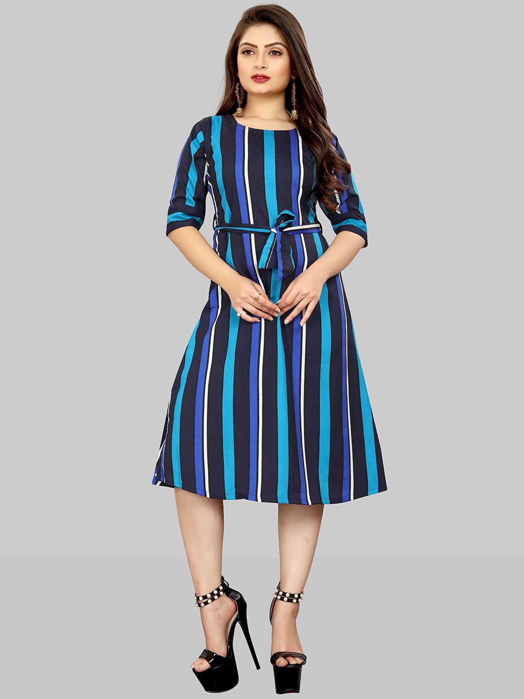 

MODLI 20 FASHION Teal & Blue Striped Crepe A-Line Dress