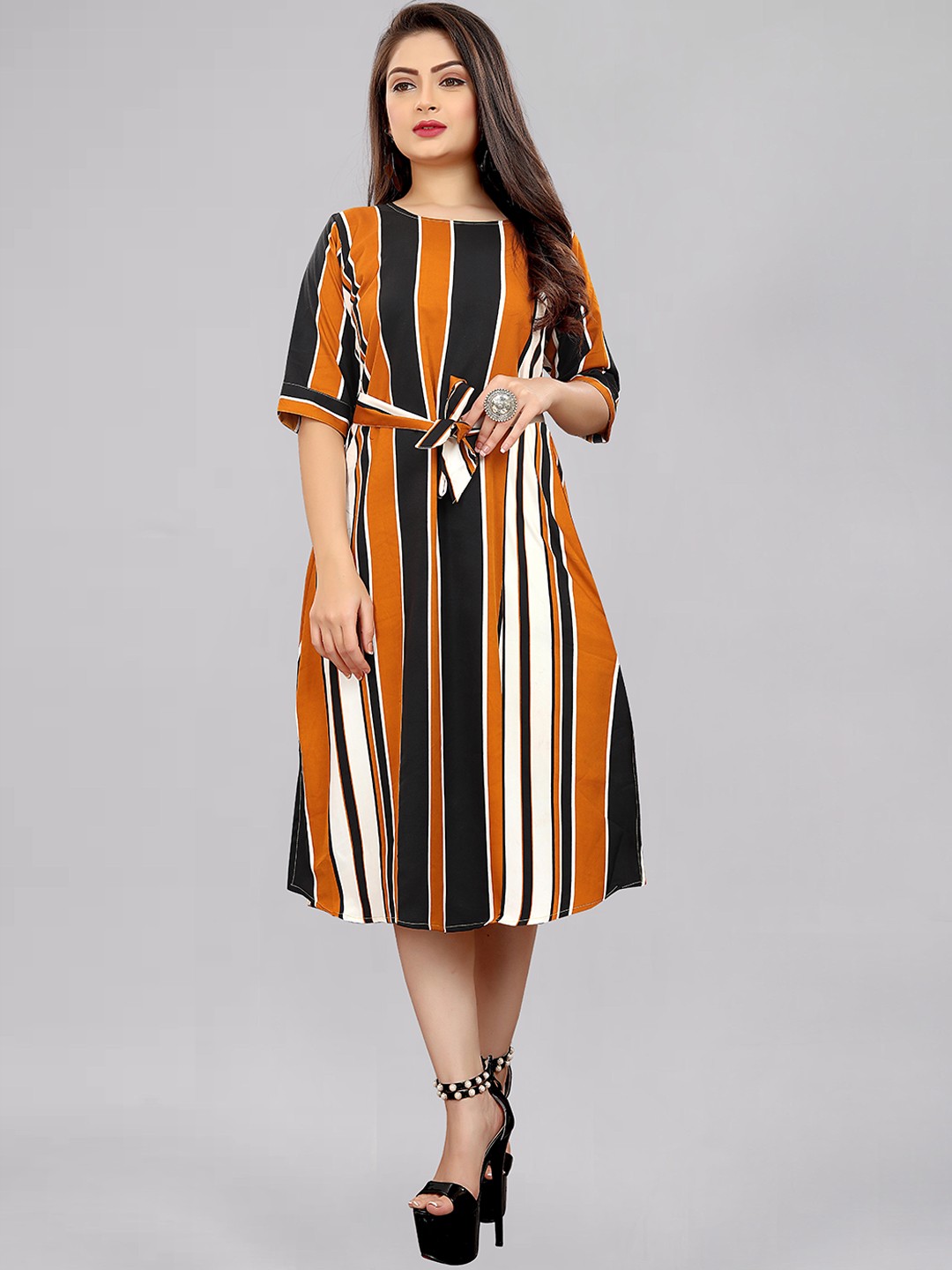 

MODLI 20 FASHION Mustard Yellow & Black Striped Crepe A-Line Midi Dress