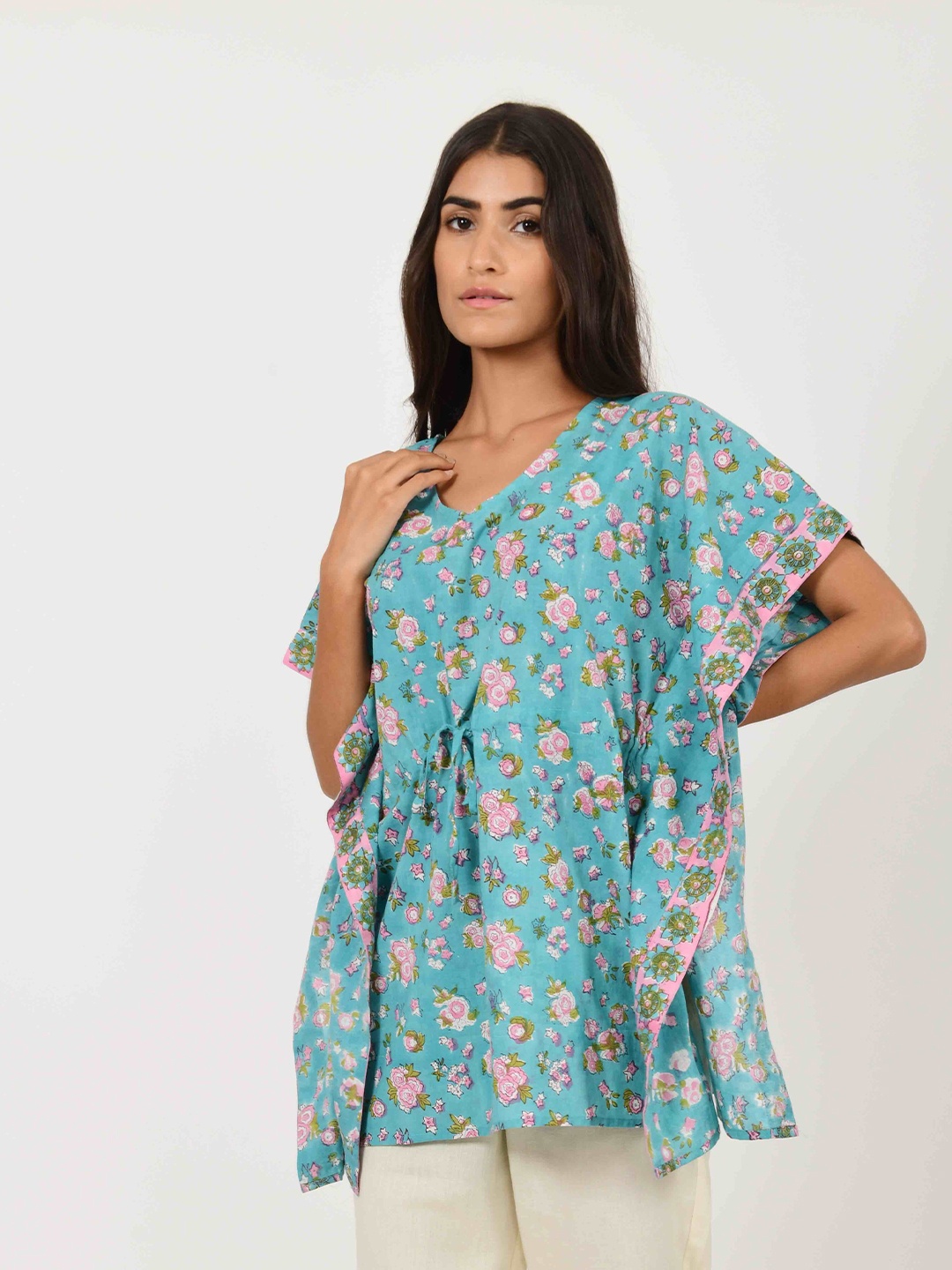 

House of Dhaaga Blue & Pink Floral Printed V-Neck Flared Sleeves Pure Cotton Kaftan Kurti