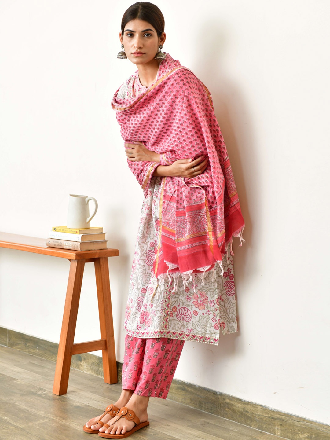 

House of Dhaaga Women Pink Floral Printed Regular Kurta with Palazzos & With Dupatta
