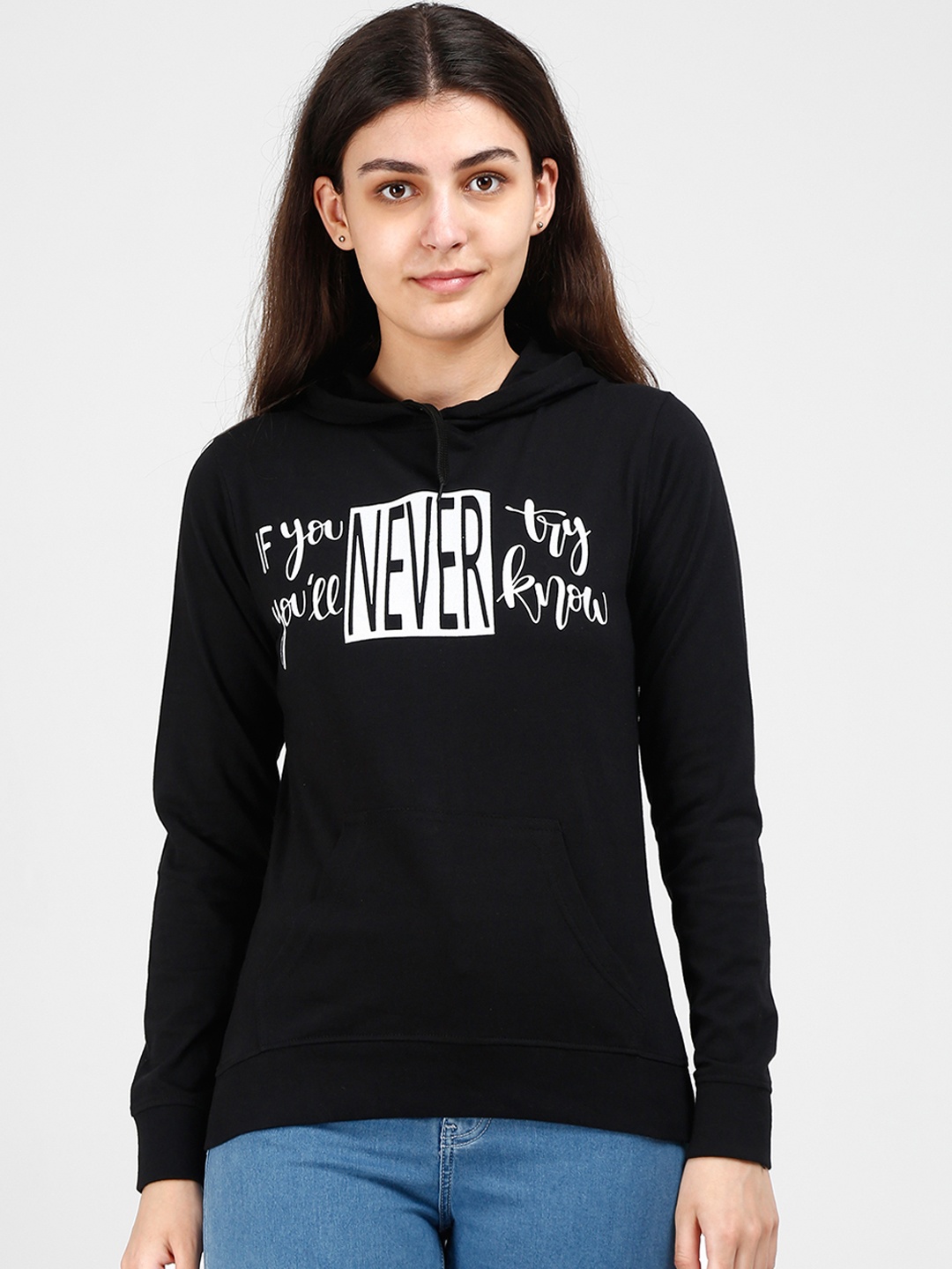 

Fleximaa Women Black Printed Hooded Cotton Sweatshirt