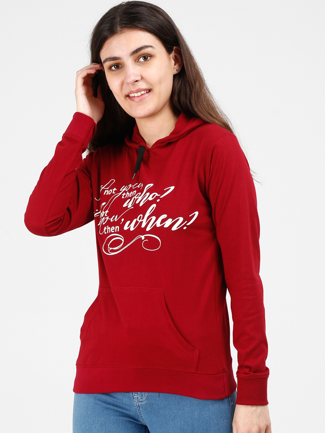 

Fleximaa Women Maroon Printed Hooded Sweatshirt