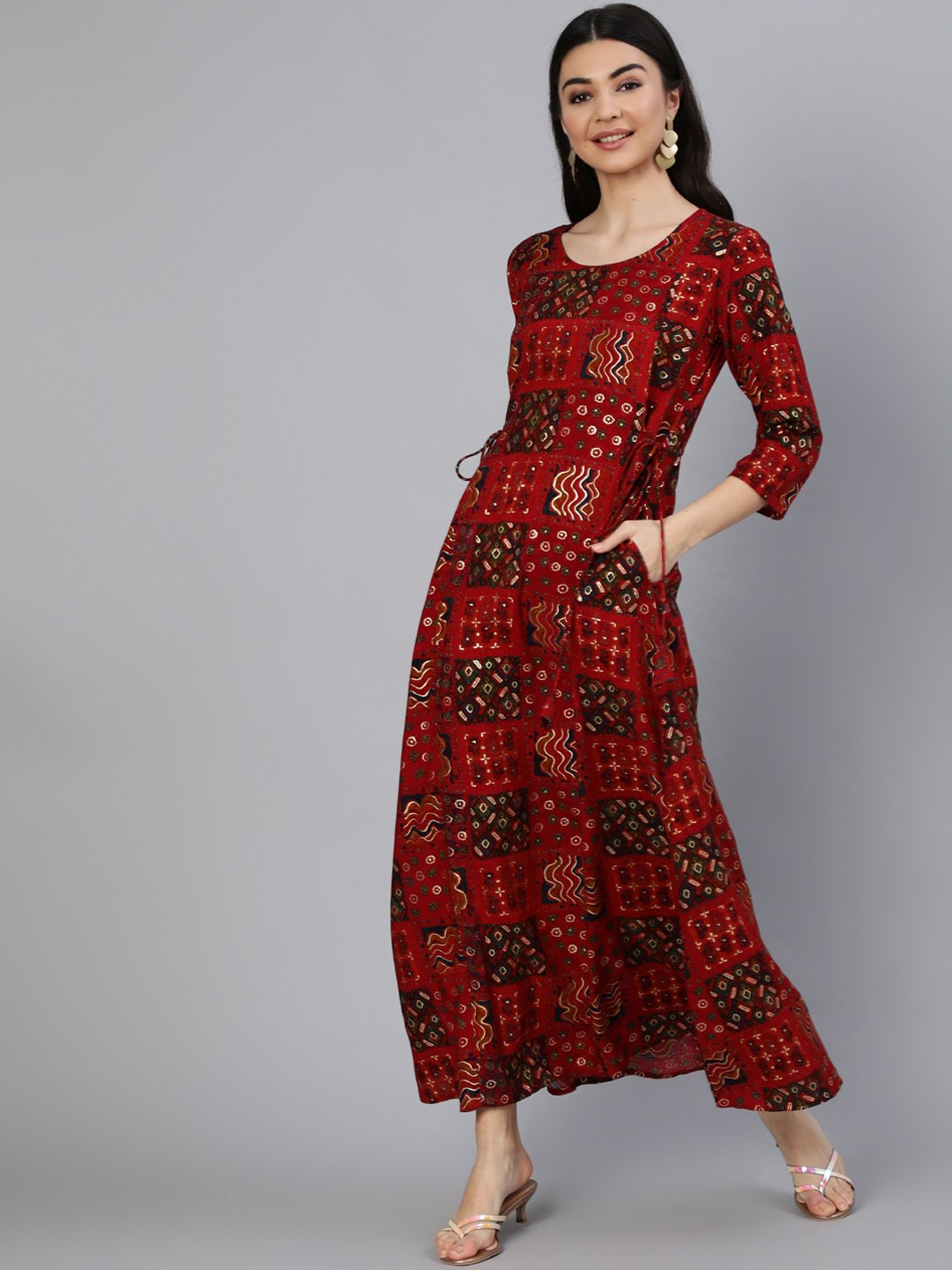 

Nayo Red Ethnic Motif Printed Maxi Dress with Tie ups