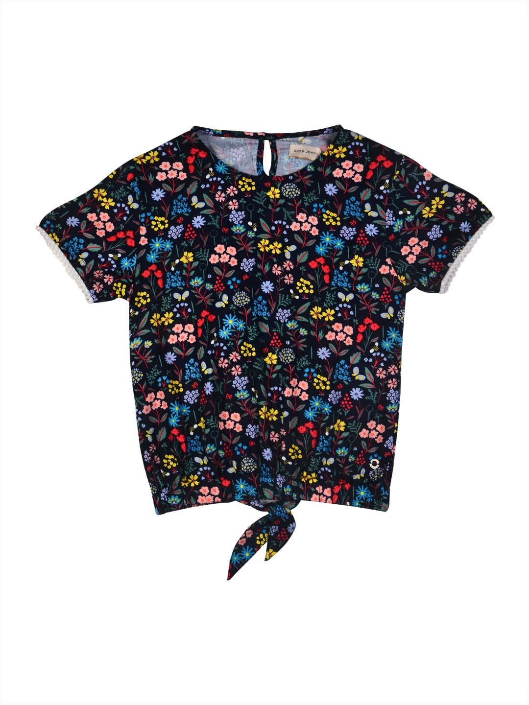 

Gini and Jony Girls Blue & Multicoloured Cotton Floral Print Round Neck Short Sleeve Top