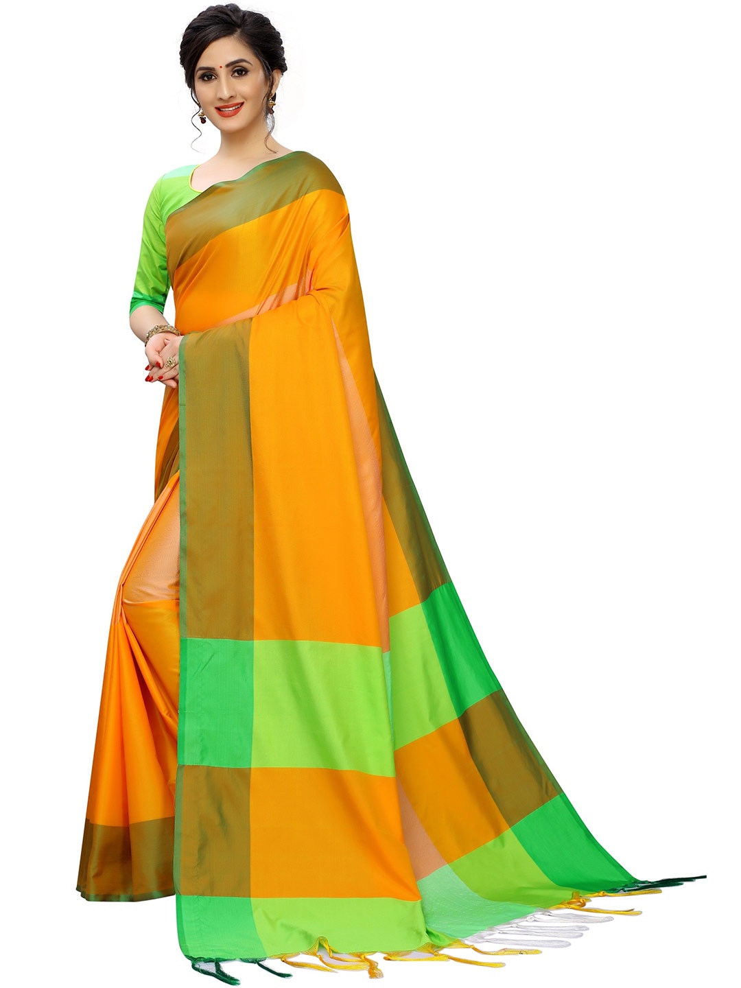

PERFECTBLUE Orange & Green Silk Cotton Saree