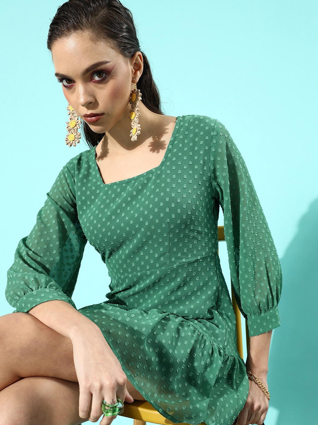 

StyleCast Women Green Self-Design Once Upon a Sleeve Dress