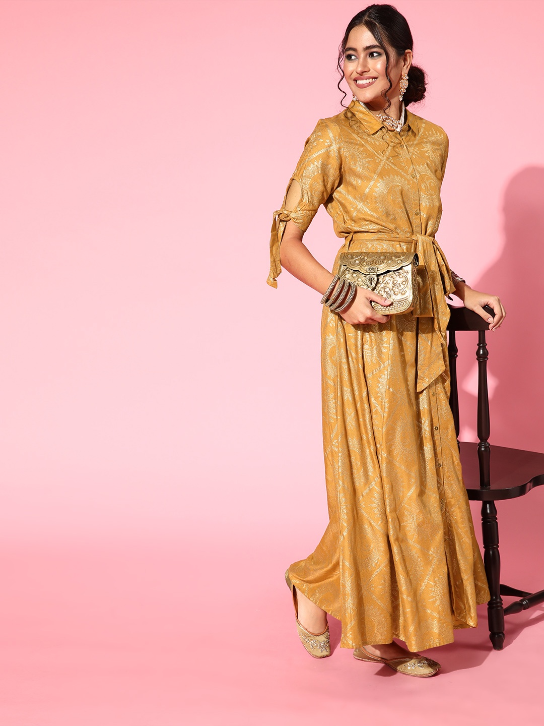 

InWeave Women Mustard Ethnic Motifs Print Parade Dress