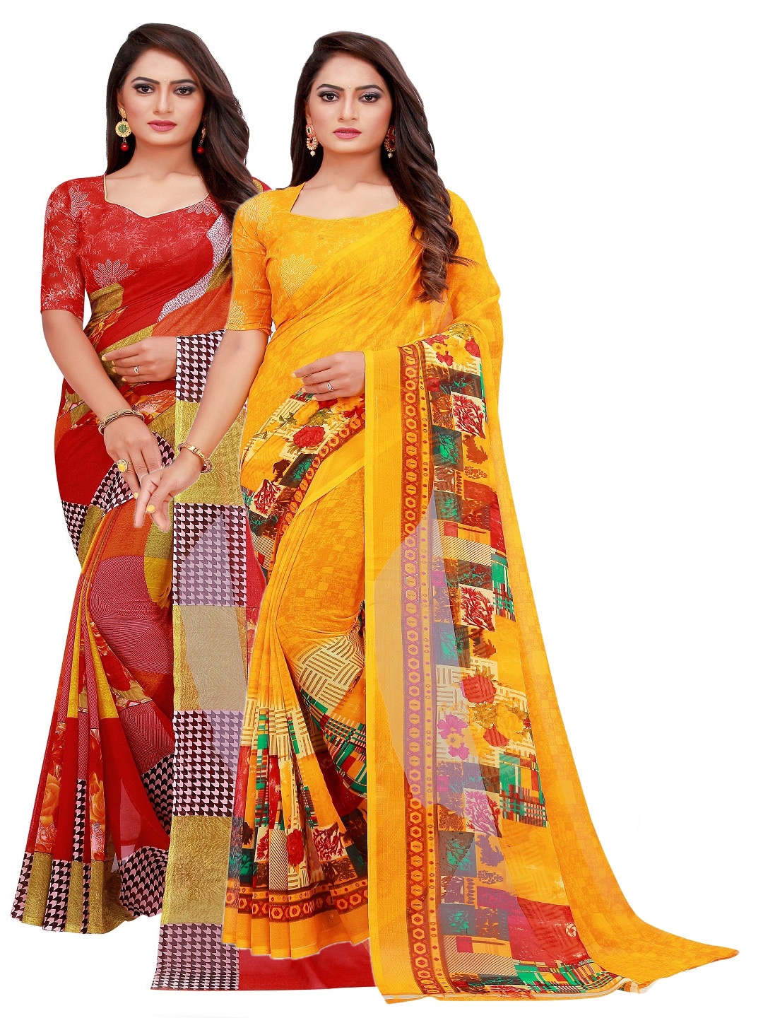 

KALINI Pack of 2 Red & Yellow Printed Pure Georgette Saree