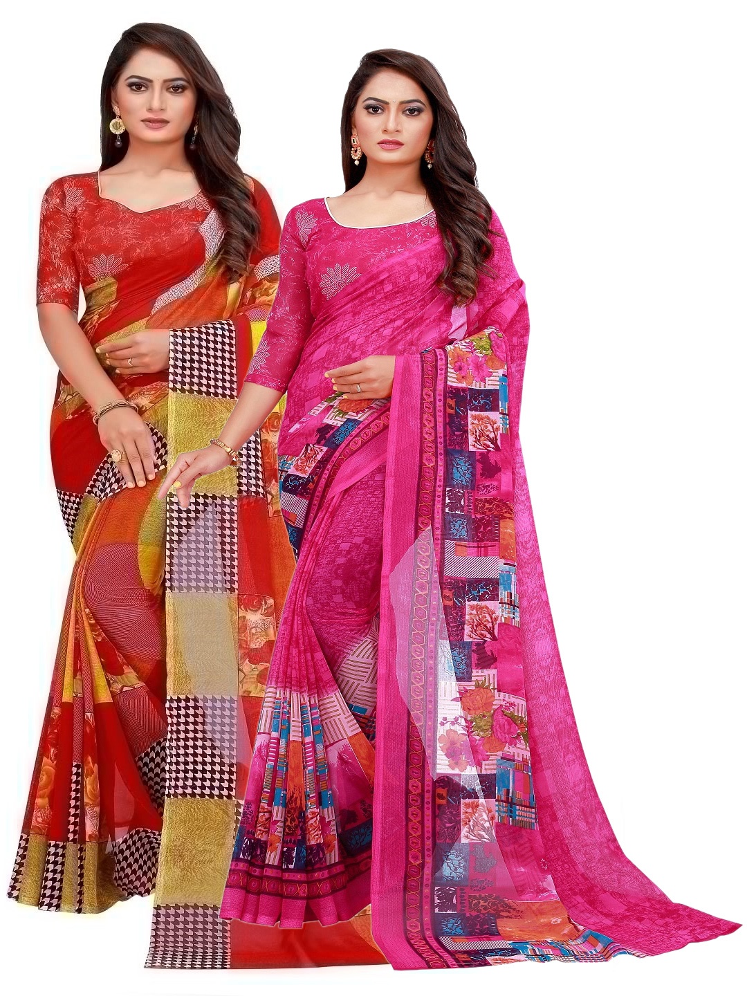 

KALINI Pack Of 2 Red & Magenta Floral Pure Georgette Saree