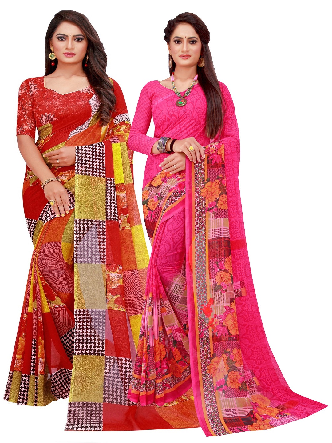 

KALINI Pack Of 2 Magenta & Red Floral Georgette Saree