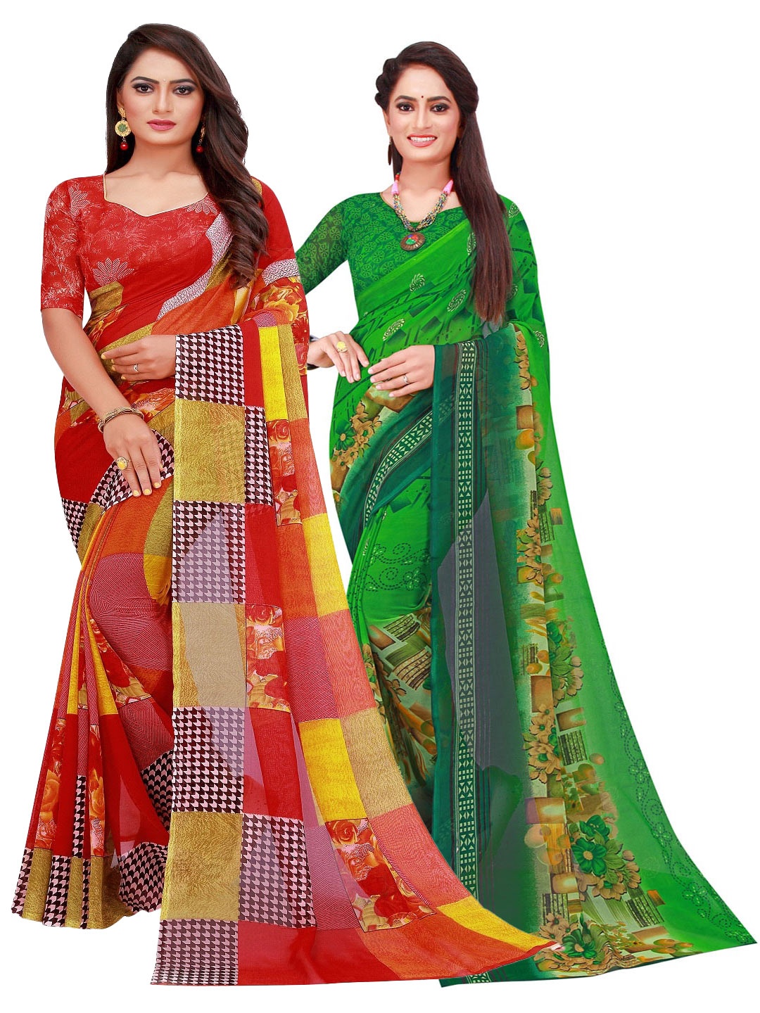 

KALINI Red & Green Set of 2 Pure Georgette Saree