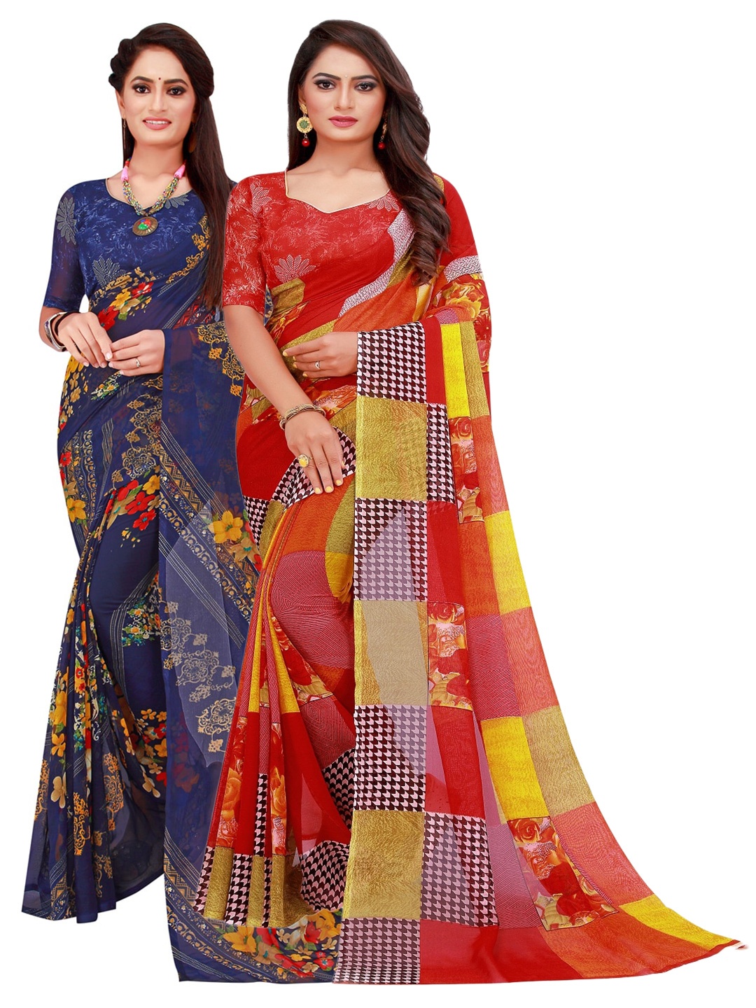

KALINI Pack Of 2 Red & Navy Blue Floral Pure Georgette Saree