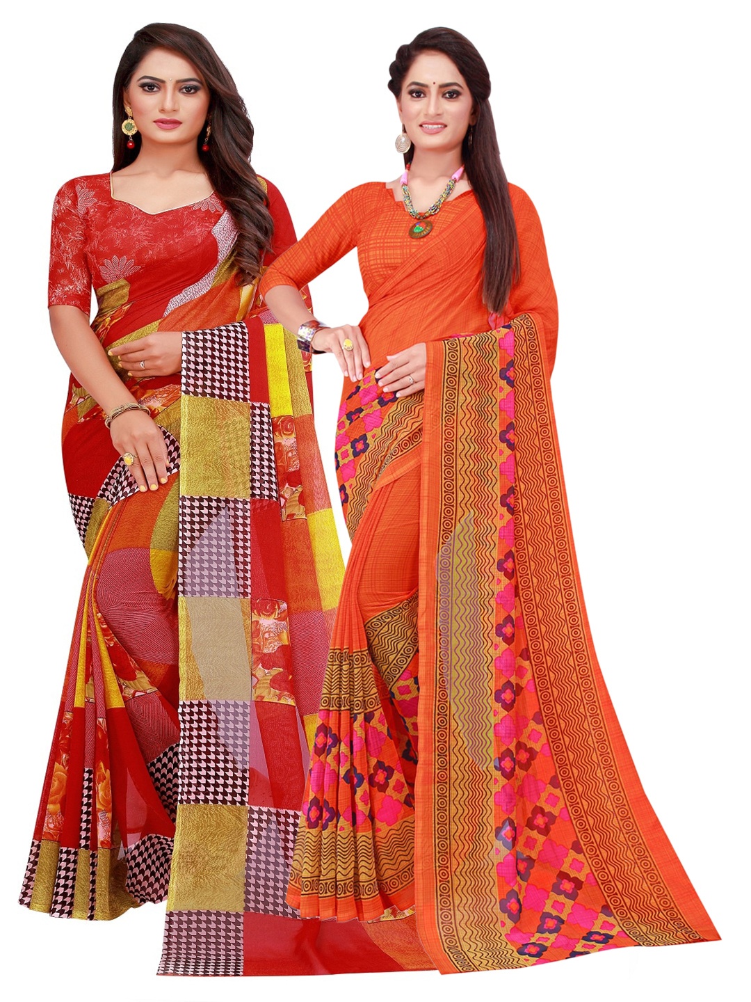 

KALINI Pack of 2 Orange & Red Printed Pure Georgette Saree