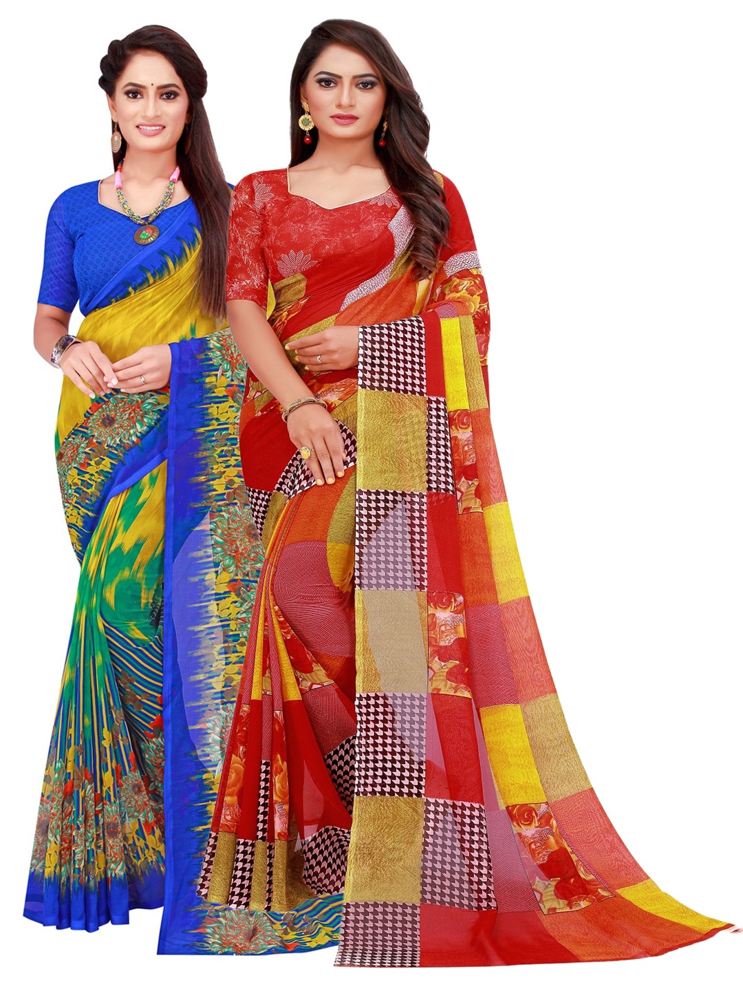 

KALINI Pack of 2 Red & Yellow Printed Pure Georgette Saree