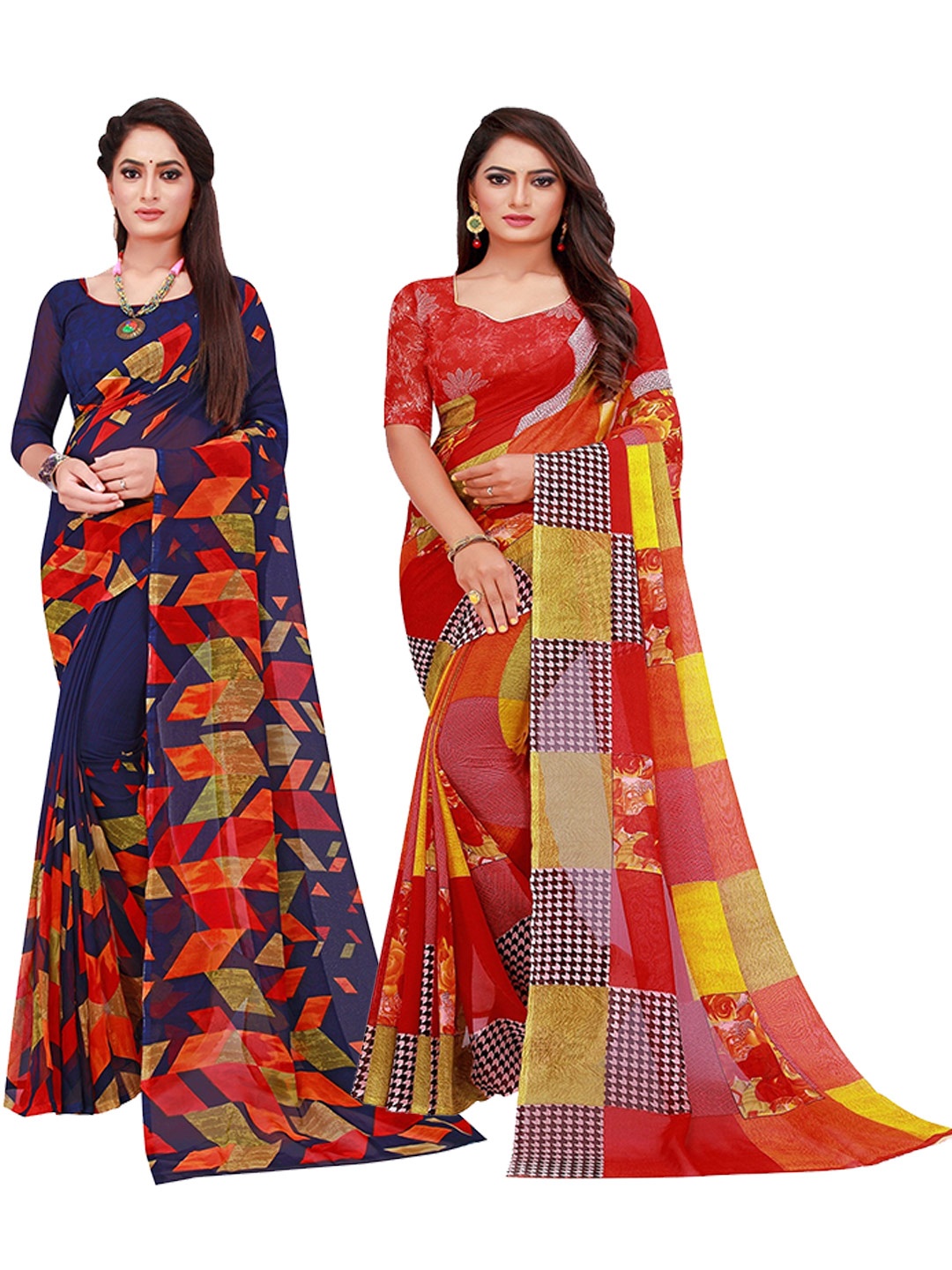 

KALINI Navy Blue & Red Set of 2 Pure Georgette Saree