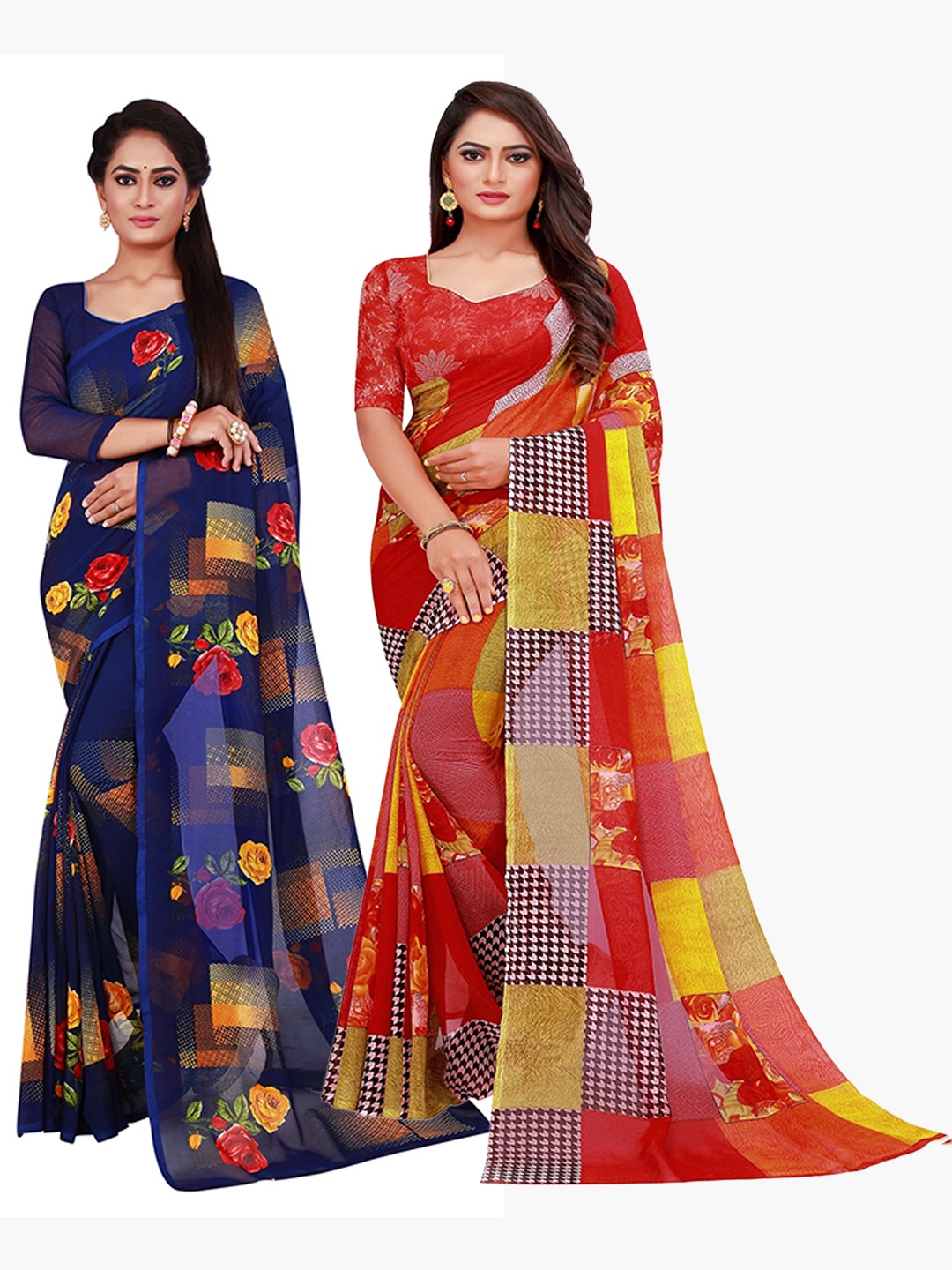 

KALINI Pack Of 2 Red & Navy Blue Floral Georgette Saree