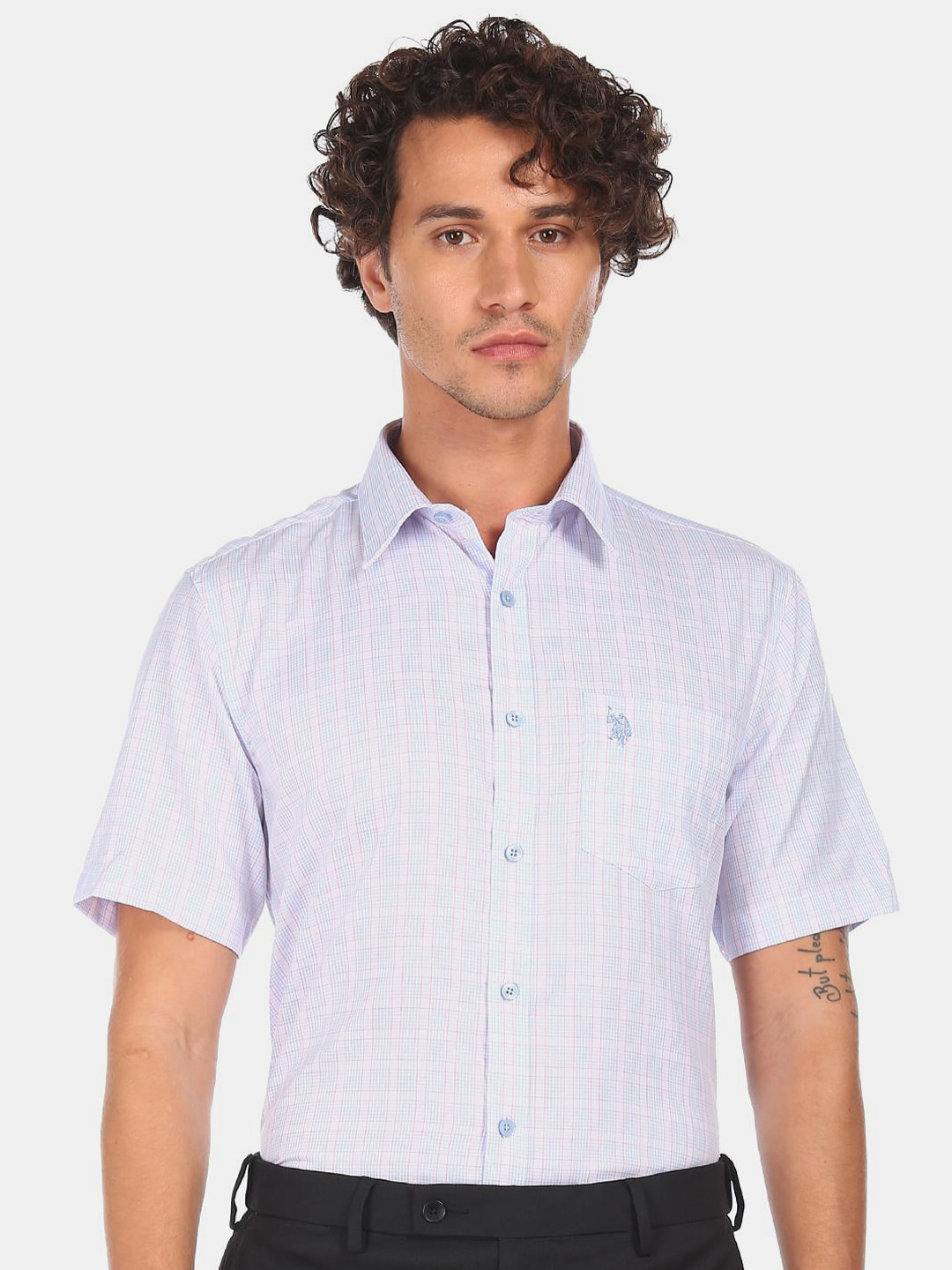 

U.S. Polo Assn. Men Blue Grid Tattersall Checks Cotton Formal Shirt