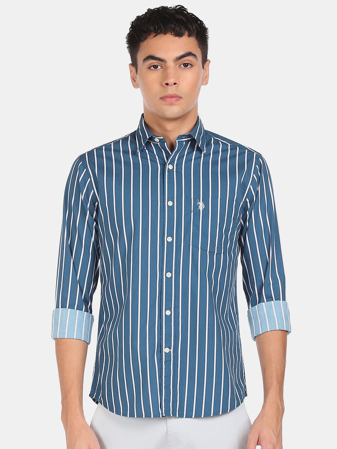 

U S Polo Assn Men Blue Striped Cotton Casual Shirt