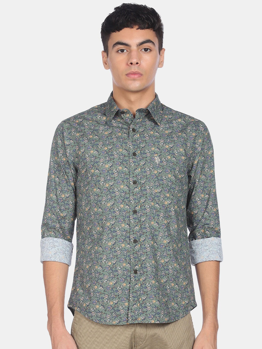 

U S Polo Assn Men Green Floral Printed 100% Cotton Casual Shirt