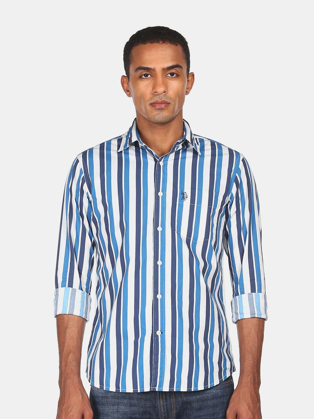 

U S Polo Assn Men Blue Striped Casual Shirt 100% Cotton