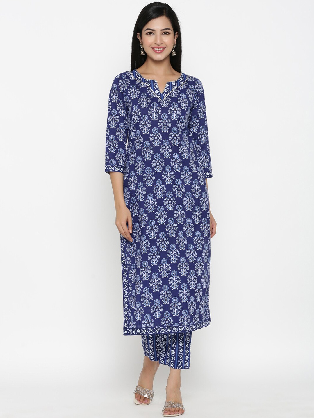 

PINKVILLE JAIPUR Women Blue Printed Pure Cotton Kurta with Trousers & With Dupatta