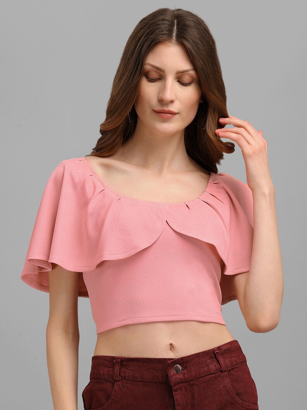 

PURVAJA Peach-Coloured Solid Regular Crop Top