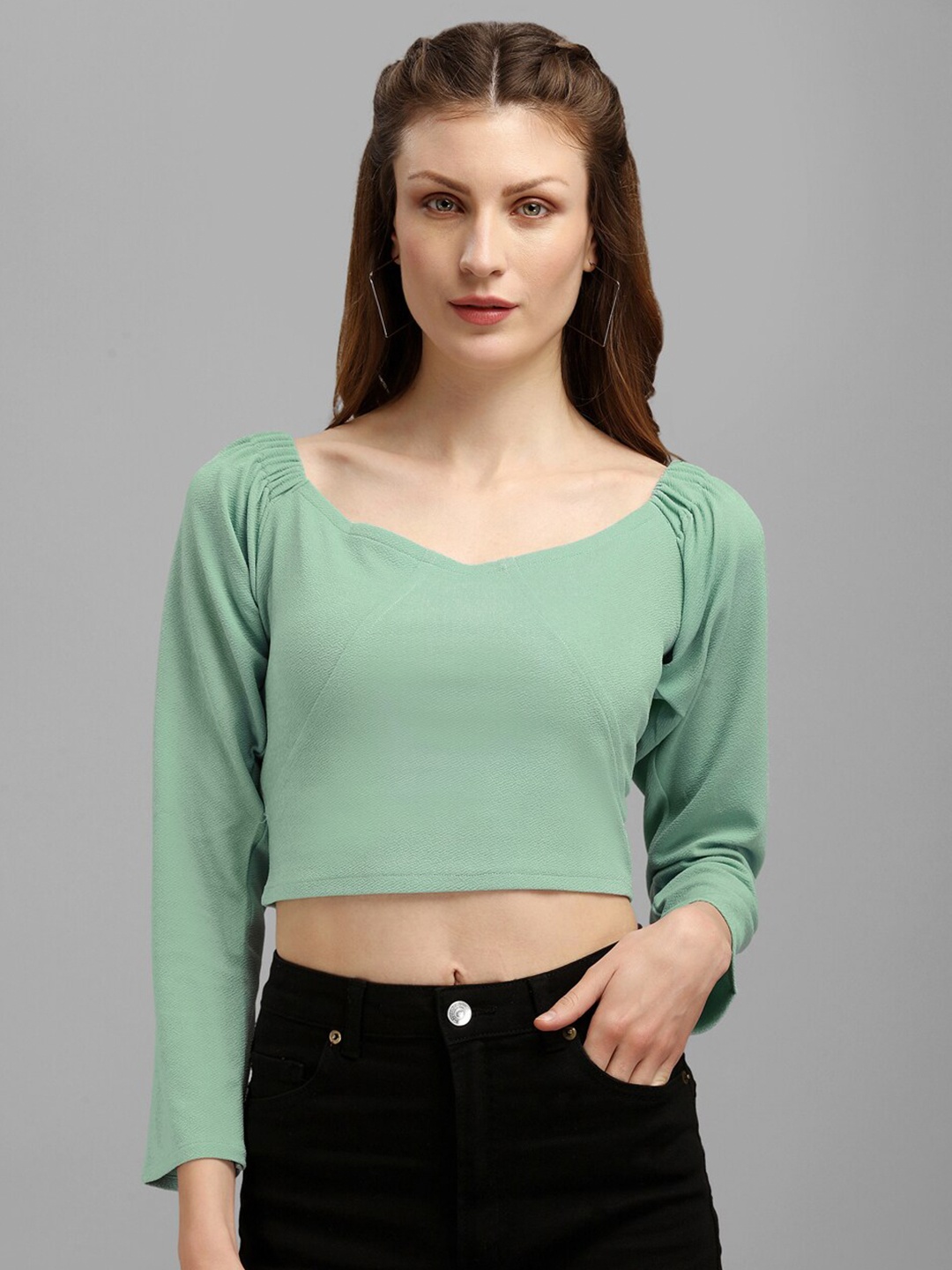 

PURVAJA Sea Green Off-Shoulder Bardot Crop Top