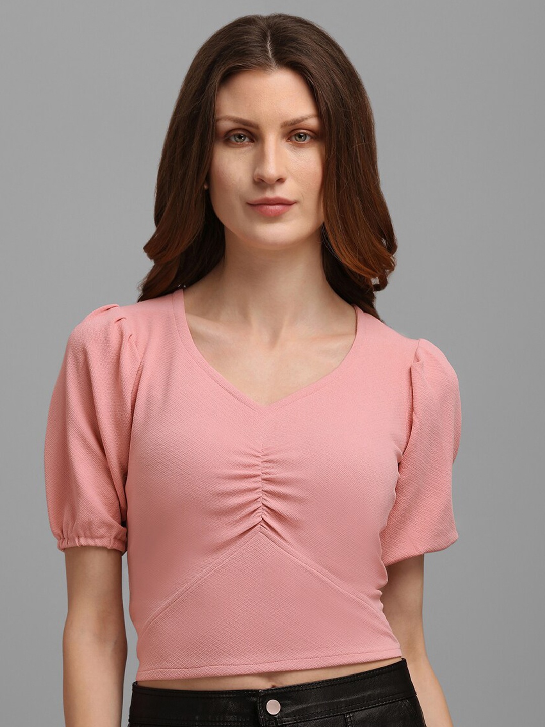 

PURVAJA Peach-Coloured Self Design Puff Sleeves Fitted Crop Top
