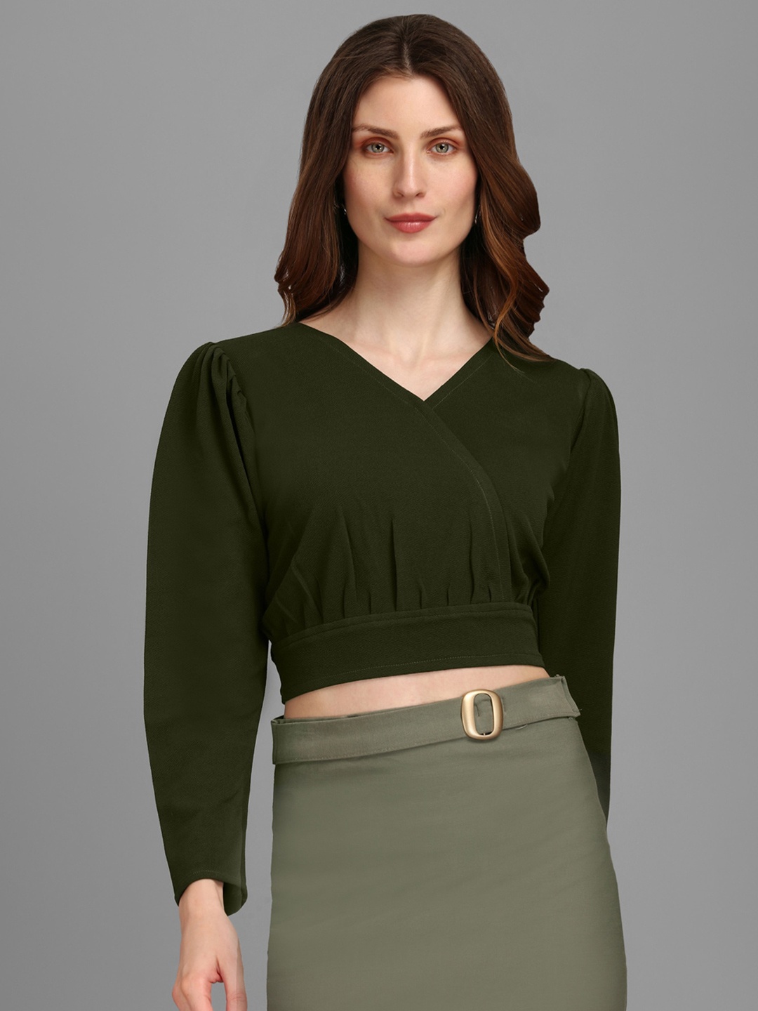 

PURVAJA Olive Green Solid V Neck Wrap Crop Top