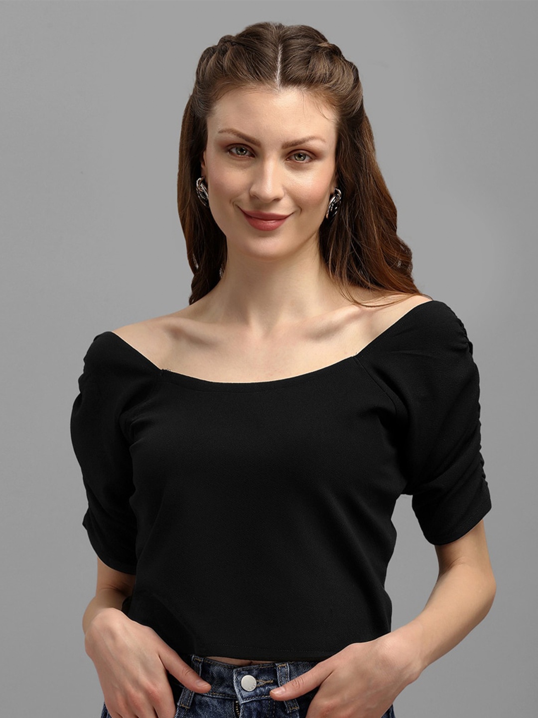 

PURVAJA Women Black Boat Neck Boxy Crop Top