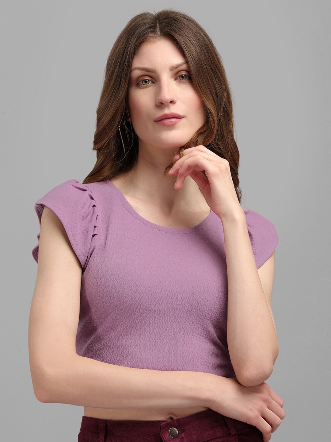 

PURVAJA Purple Solid Flutter Sleeves Cut-Out Fitted Crop Top