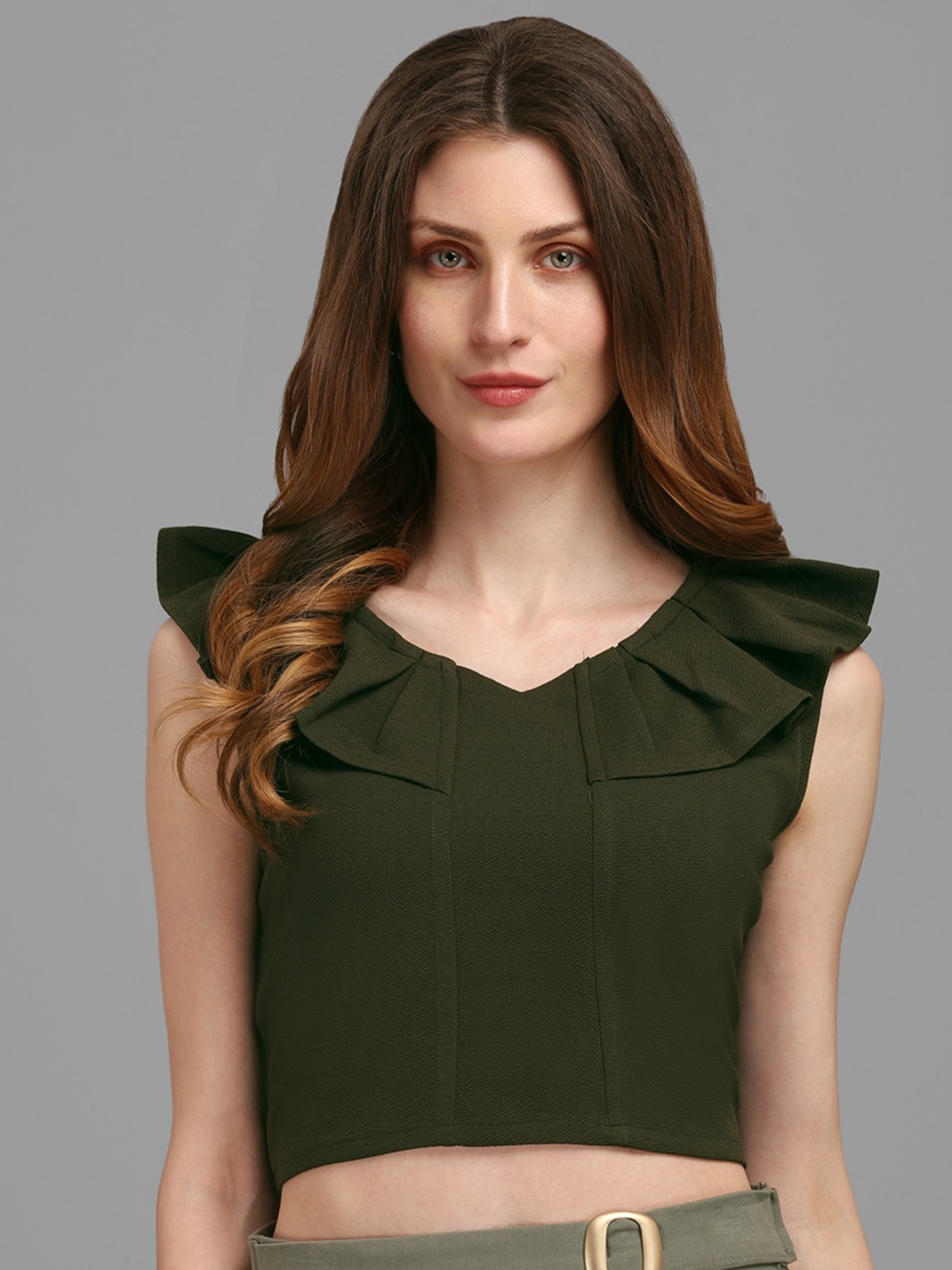 

PURVAJA Dark Olive Ruffles Crop Top