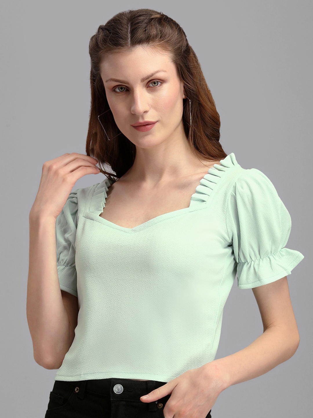 

PURVAJA Sea Green Solid Sweetheart Neck Puff sleeves Crop Top
