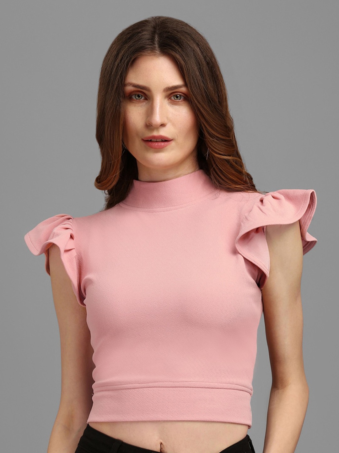 

PURVAJA Peach-Coloured Ruffles Crop Top