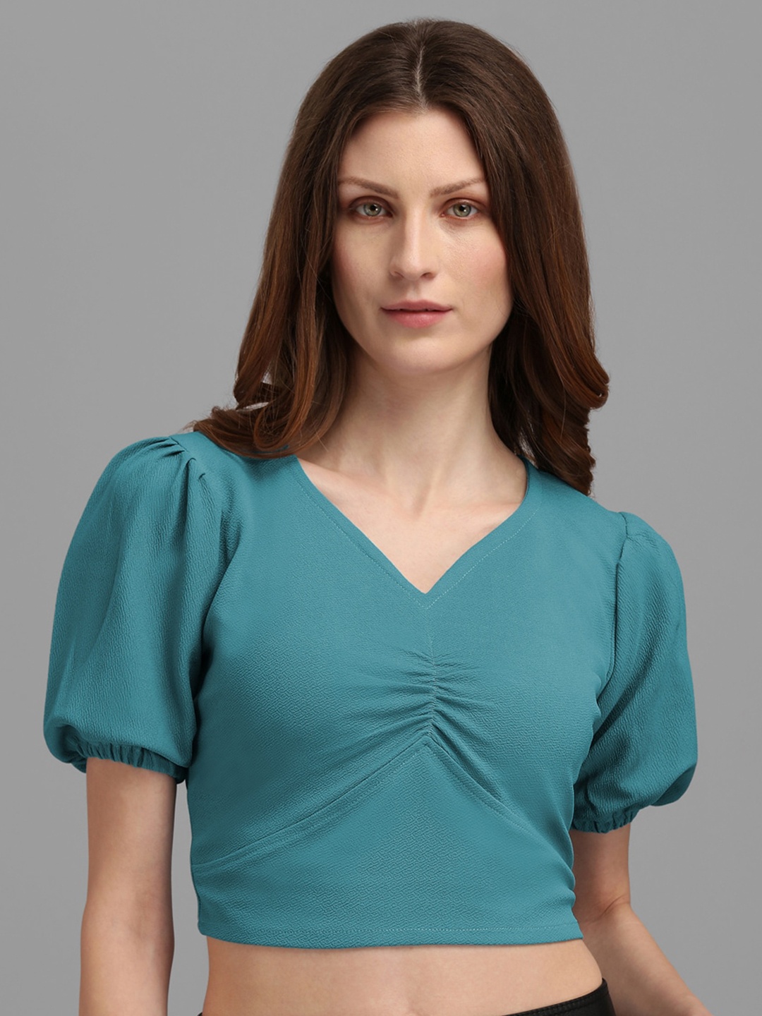 

PURVAJA Turquoise Blue Self Design Puff Sleeves Fitted Crop Top