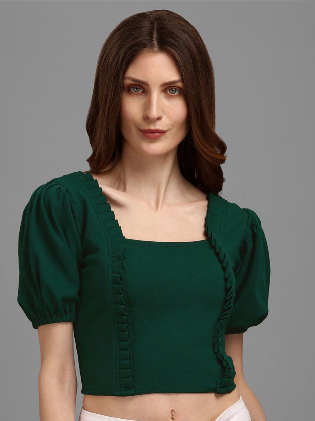 

PURVAJA Green Solid Puff Sleeves Fitted Crop Top