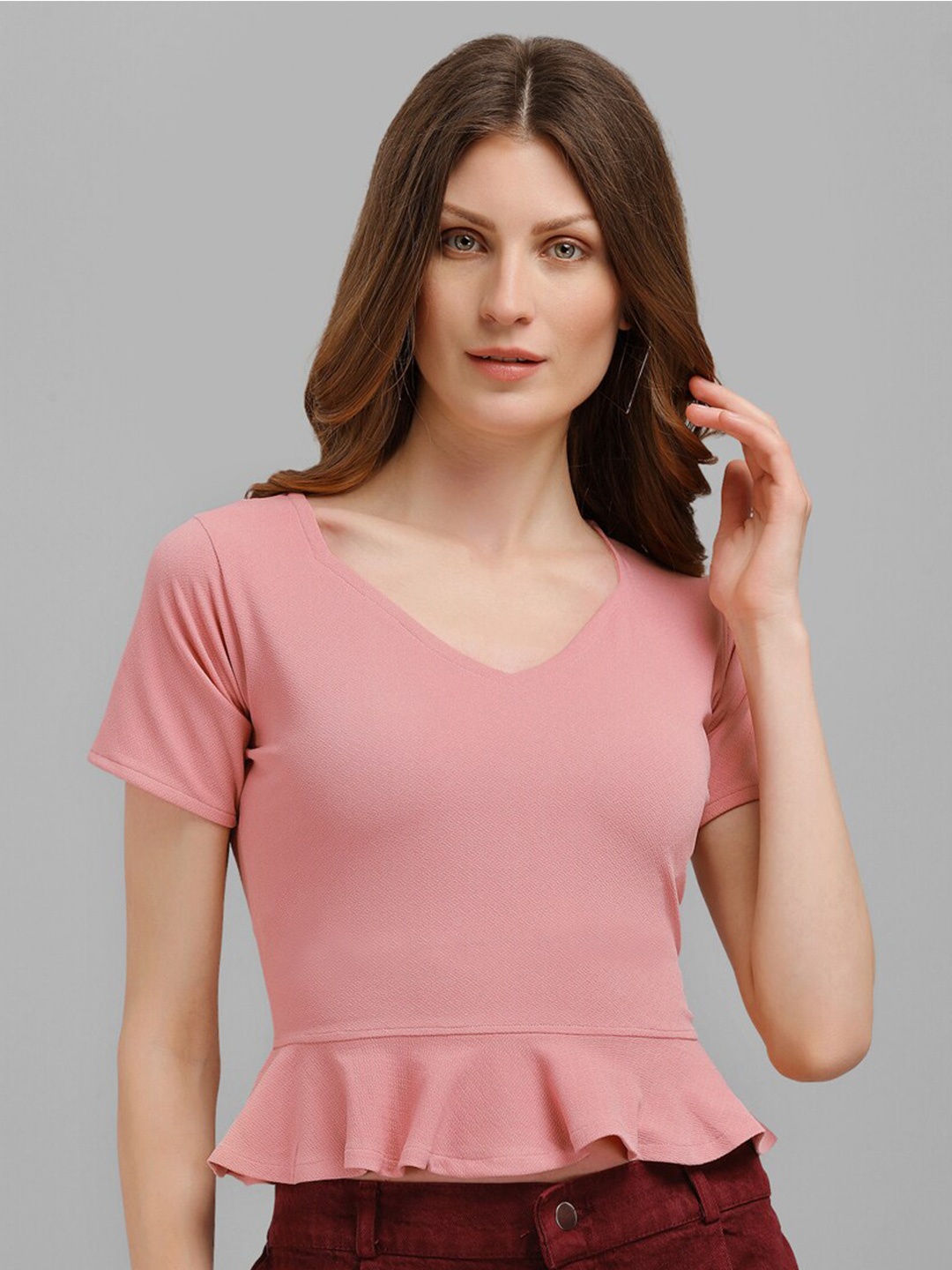 

PURVAJA Women Solid Peach-Colored Layered V Neck Crop Top