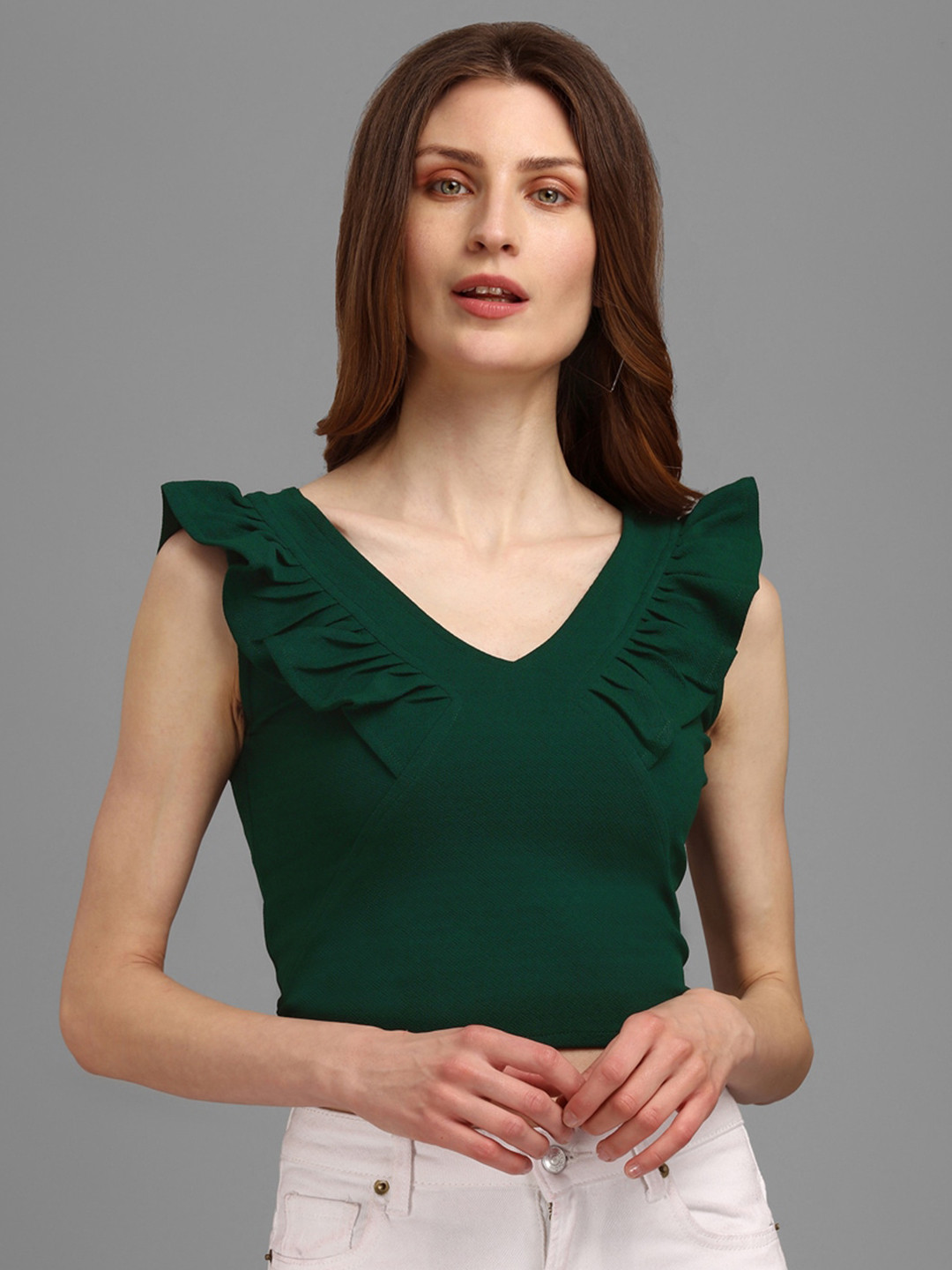 

PURVAJA Green Solid V Neck Ruffles Crop Top